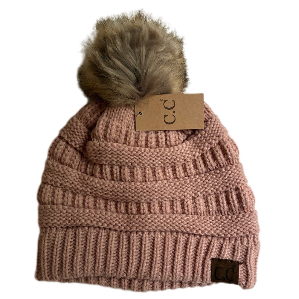 C.C  Blush Knit Beanie with Faux Fur Pom